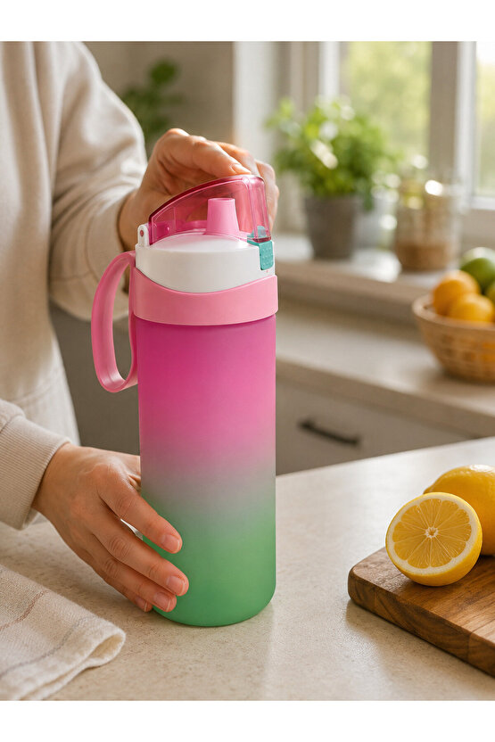 2000 ml Motivasyonel Su Matarası Zaman İşaretli Kilitli Kapaklı Taşıma Kulplu Suluk