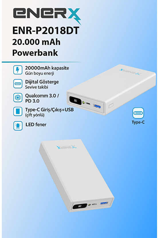 Powerbank 20000 Mah 2.1 Amper Dijital Göstergeli Enr-p20188dc Beyaz