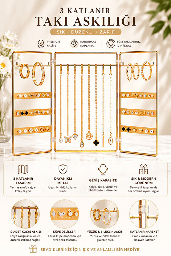Katlanabilir Metal Takı Organizeri 3 Panelli Gold Küpelik Kolye Askılığı Bileklik ve Yüzük Düzenleyici