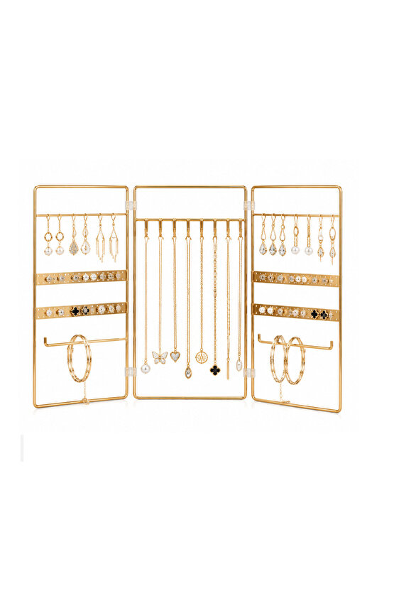 Katlanabilir Metal Takı Organizeri 3 Panelli Gold Küpelik Kolye Askılığı Bileklik ve Yüzük Düzenleyici