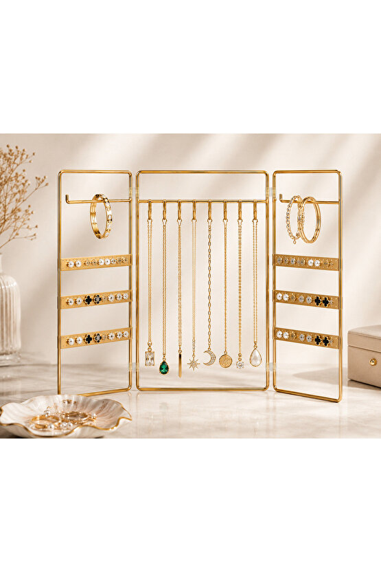 Katlanabilir Metal Takı Organizeri 3 Panelli Gold Küpelik Kolye Askılığı Bileklik ve Yüzük Düzenleyici