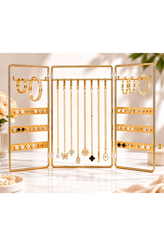 Katlanabilir Metal Takı Organizeri 3 Panelli Gold Küpelik Kolye Askılığı Bileklik ve Yüzük Düzenleyici