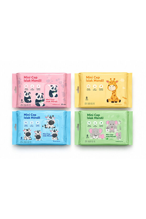 Mini Cep Islak Mendil 4’lü Set 64 Yaprak Alkolsüz Hassas Ciltler İçin Karışık Desenli