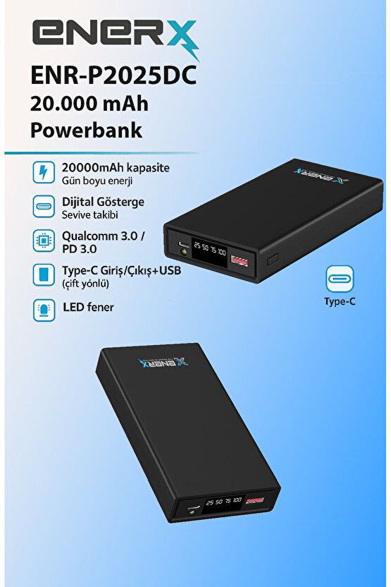 Enr-p2025dc 20.000 Mah 2.1 Amper Led Göstergeli Powerbank Siyah