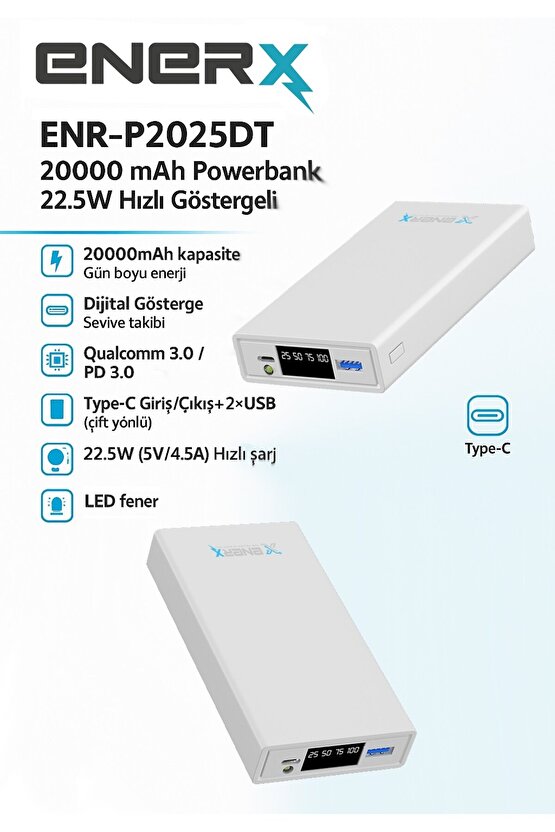 Powerbank 20000 mAh 22.5 Watt Led Göstergeli ENR-P2025DT Beyaz