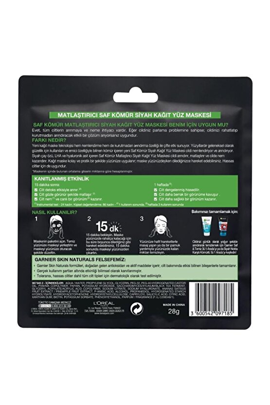Skin Naturals Kömürlü Kağıt Yüz Maskesi Siyah Çay-3lü Set