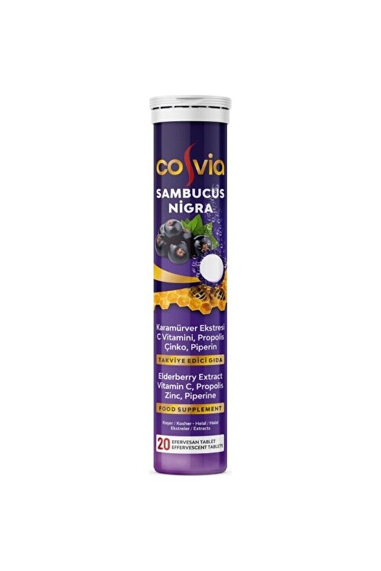 Sambucus Nigra 20 Efervesan Tablet, Kara Mürver Ekstresi + Propolis + C vitamini + Çinko + Piperin
