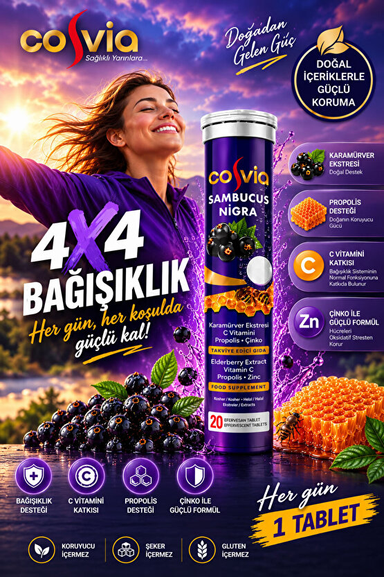 Sambucus Nigra 20 Efervesan Tablet, Kara Mürver Ekstresi + Propolis + C vitamini + Çinko + Piperin