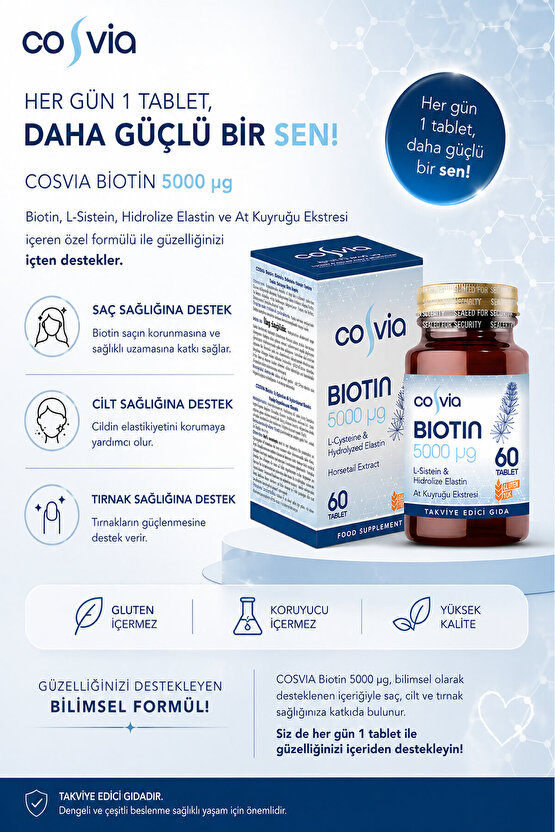 Biotin 5000 Mcg. L-sistein, Hidrolize Elastin, At Kuyruğu Ekstresi 60 Tablet