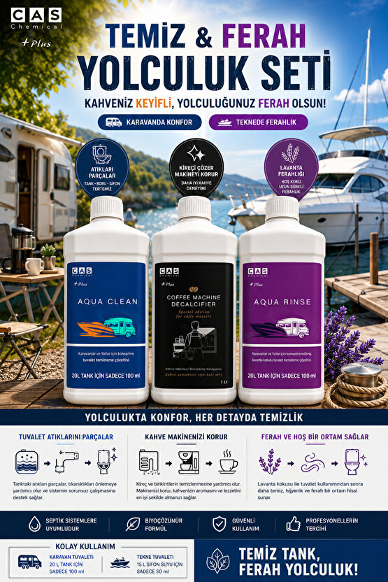 Premium Karavan Bakım Seti – Aqua Blue + Aqua Rinse Lavanta + Kahve Makinesi Temizleyici