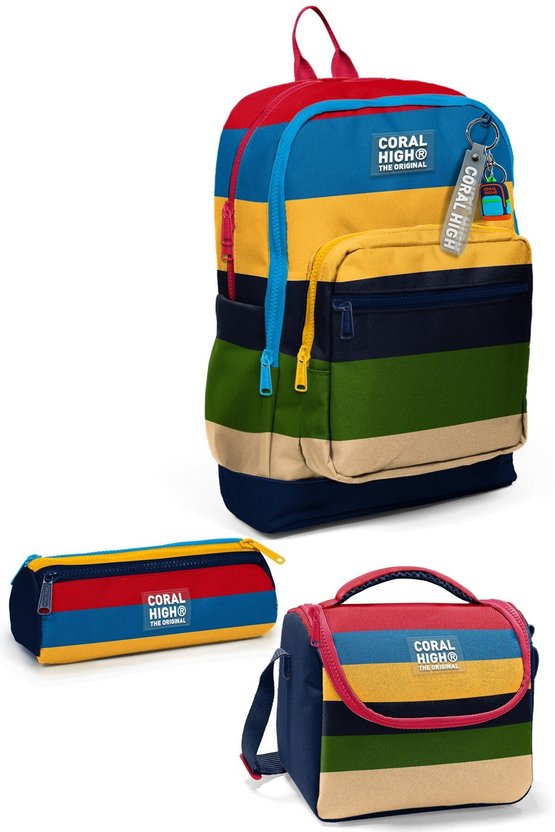 Kids Lacivert Sarı Kırmızı Çizgi Desenli 3’lü Okul Çanta Seti SET0133212