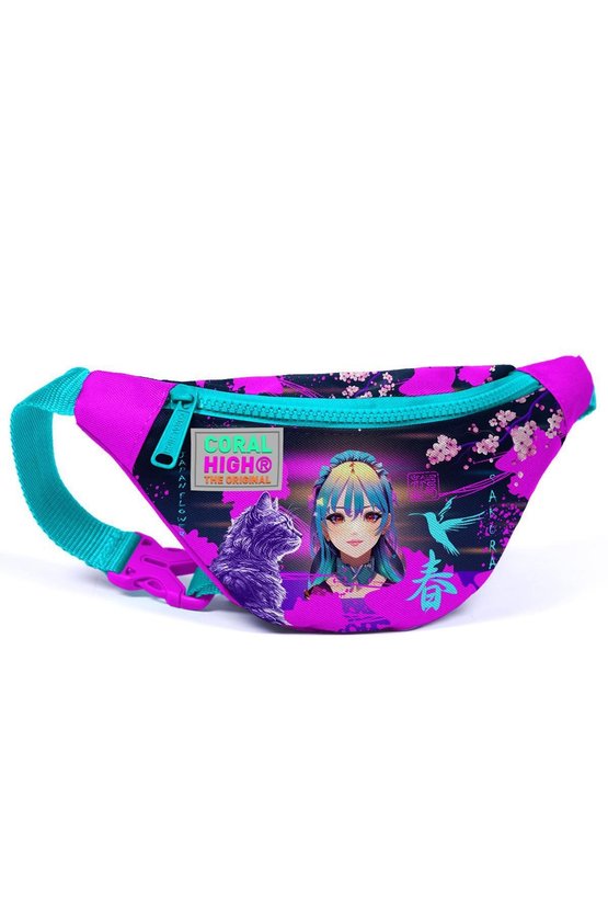 Kids Mor Pembe Anime Kedi Desenli Bel Çantası 11505