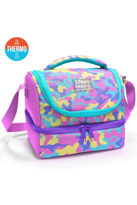 Kids Pembe Sarı Lavanta Kamuflaj Desenli Thermo İki Katlı Beslenme Çantası 37201