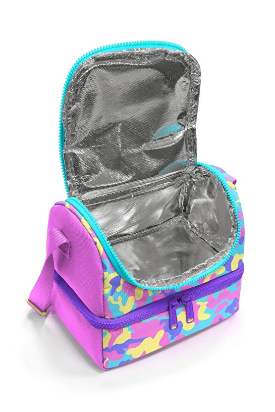 Kids Pembe Sarı Lavanta Kamuflaj Desenli Thermo İki Katlı Beslenme Çantası 37201