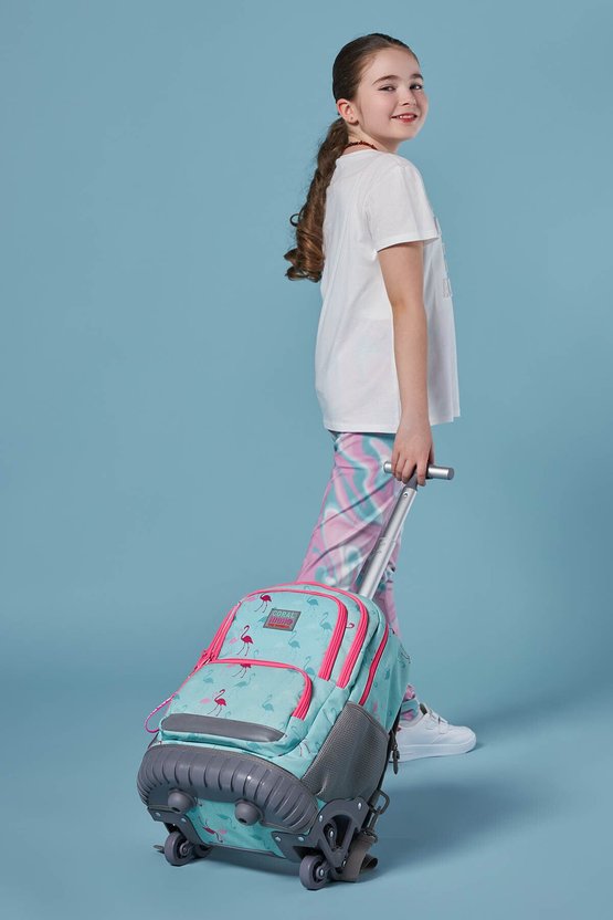 Kids Flamingo Desenli Su Yeşili Renkli Iki Kademeli Çekçekli Sırt Ve Okul Çantası 24022