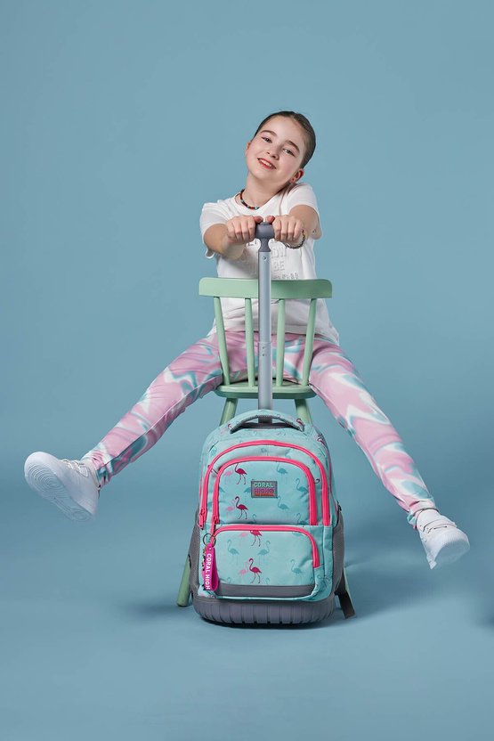 Kids Flamingo Desenli Su Yeşili Renkli Iki Kademeli Çekçekli Sırt Ve Okul Çantası 24022