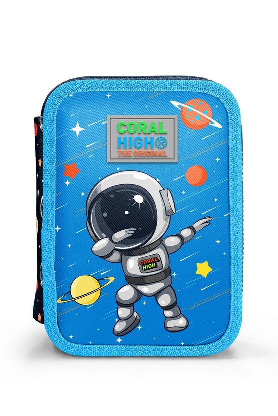 Lacivert Mavi Astronot Desenli Çift Katlı Kalem Çanta Kalemlik Erkek Çocuk