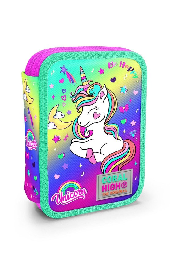 Kids Lavanta Su Yeşili Unicorn Desenli Çift Katlı Kalem Çanta 11129