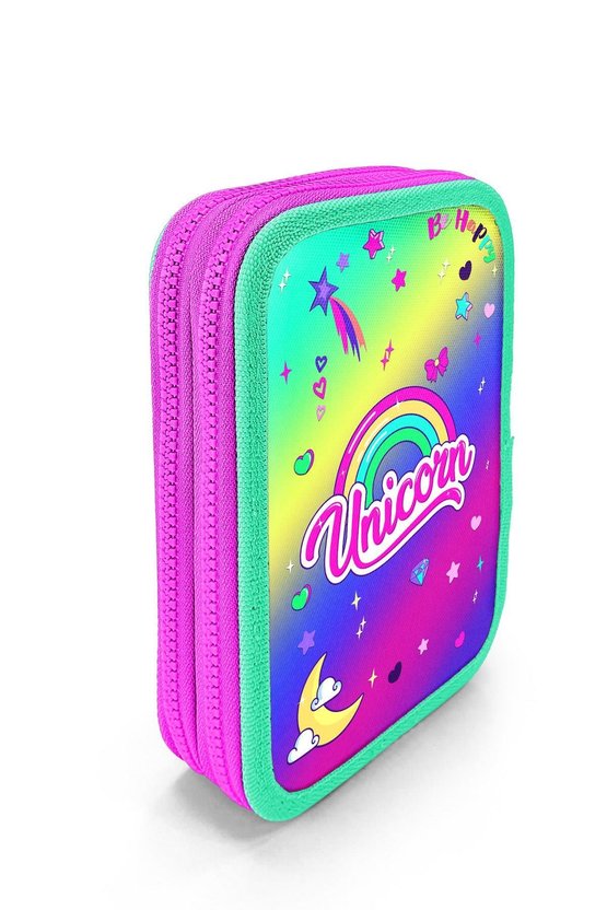 Kids Lavanta Su Yeşili Unicorn Desenli Çift Katlı Kalem Çanta 11129