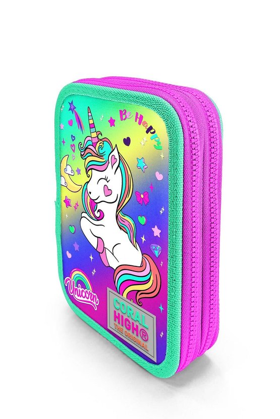 Kids Lavanta Su Yeşili Unicorn Desenli Çift Katlı Kalem Çanta 11129