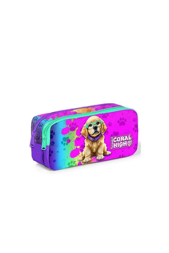 Kids Mor Pembe Köpek Desenli İki Bölmeli Kalem Çantası 12082