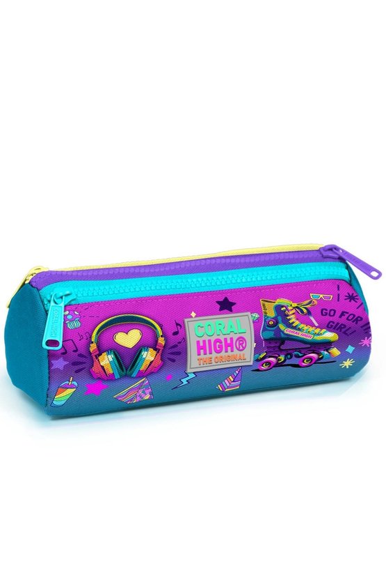 Kids Pembe Turkuaz Kulaklık Paten Desenli Üç Bölmeli Kalem Çantası 22054