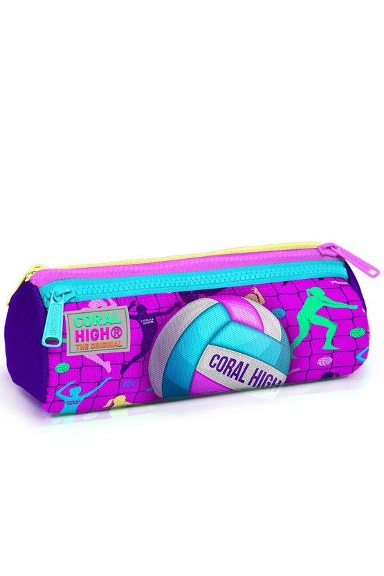 Kids Pembe Mor Voleybol Desenli Üç Bölmeli Kalem Çantası 22061