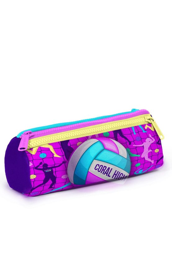 Kids Pembe Mor Voleybol Desenli Üç Bölmeli Kalem Çantası 22061