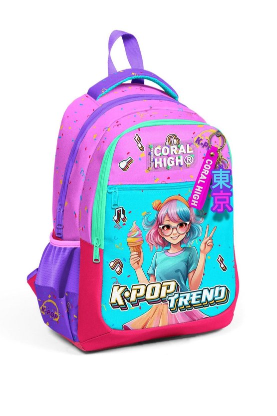 Kids Pembe Turkuaz K-Pop Desenli Üç Bölmeli Okul Sırt Çantası 14427