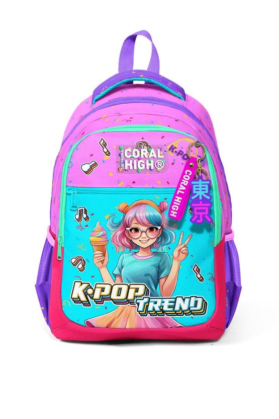 Kids Pembe Turkuaz K-Pop Desenli Üç Bölmeli Okul Sırt Çantası 14427