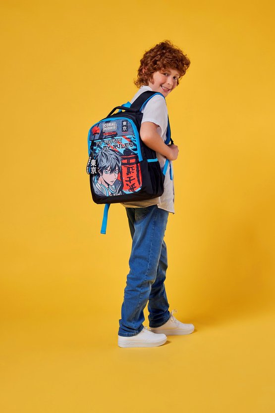 Kids Siyah Mavi Anime Desenli Üç Bölmeli Okul Sırt Çantası 23666