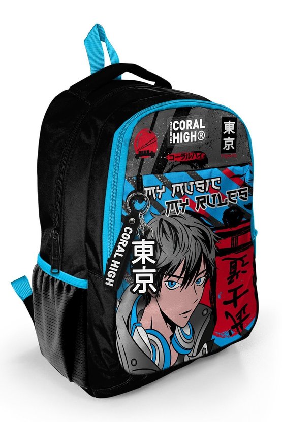 Kids Siyah Mavi Anime Desenli Üç Bölmeli Okul Sırt Çantası 23666