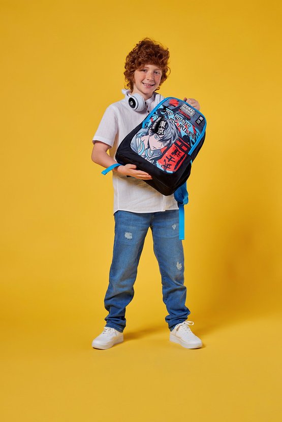 Kids Siyah Mavi Anime Desenli Üç Bölmeli Okul Sırt Çantası 23666