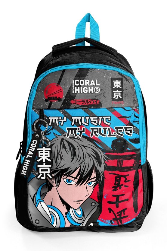 Kids Siyah Mavi Anime Desenli Üç Bölmeli Okul Sırt Çantası 23666