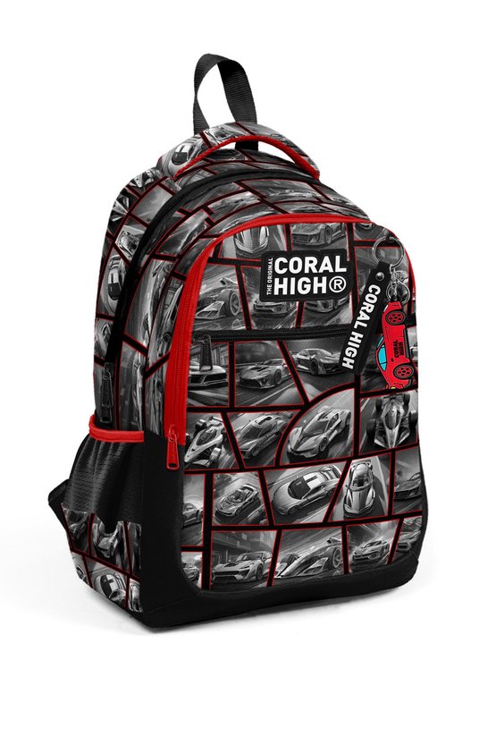 Siyah Kırmızı Araba Desenli Üç Bölmeli Okul Sırt Çantası 14429