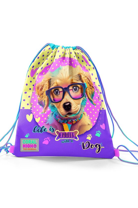 Kids Sarı Pembe Sevimli Köpek Desenli İpli Büzgülü Sırt Çantası 12646