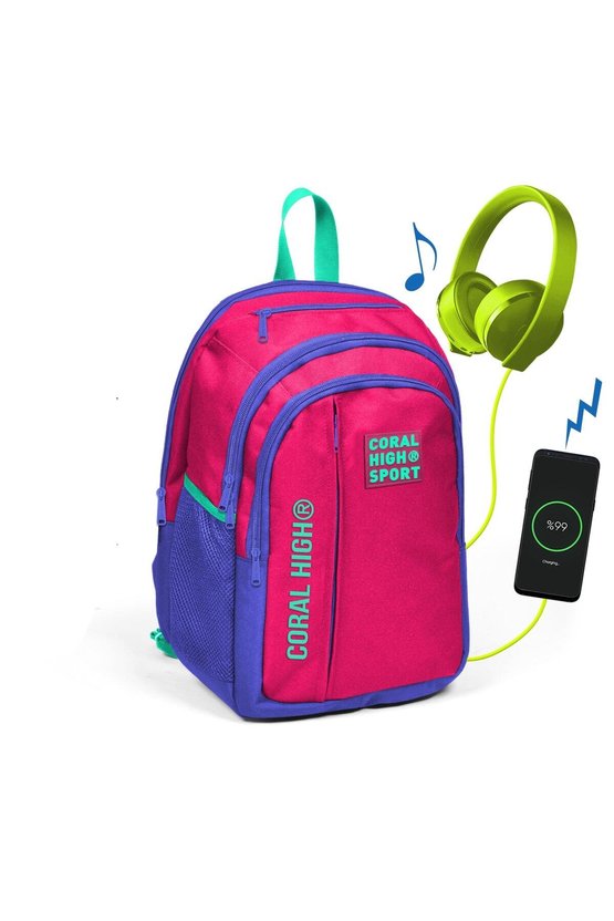 Sport Neon Mercan Lavanta Beş Bölmeli Usb Şarjlı Kulaklık Çıkışlı Sırt Çantası 23244
