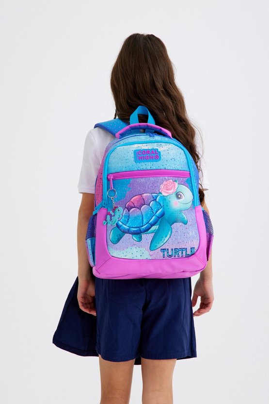 Kaplumbağa Desenli Açık Mavi-pembe Okul Çantası 23497