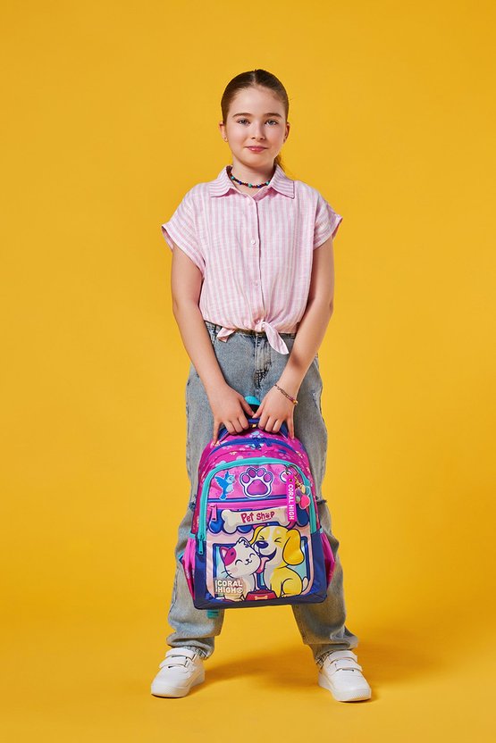 Kids Kedi Köpek Desenli Üç Bölmeli Okul Sırt Çantası 23646