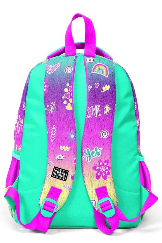 Kids Pembe Su Yeşili Flamingo Desenli Üç Bölmeli Okul Sırt Çantası 23647