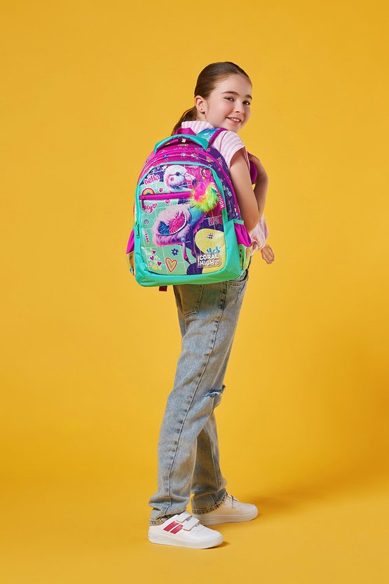 Kids Pembe Su Yeşili Flamingo Desenli Üç Bölmeli Okul Sırt Çantası 23647