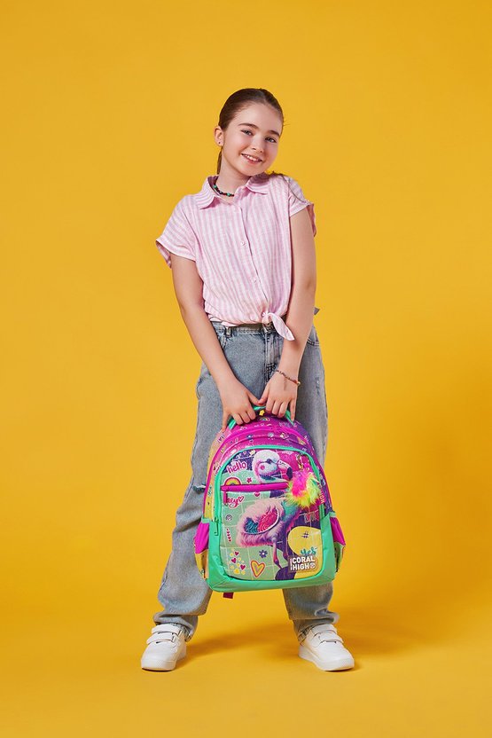 Kids Pembe Su Yeşili Flamingo Desenli Üç Bölmeli Okul Sırt Çantası 23647