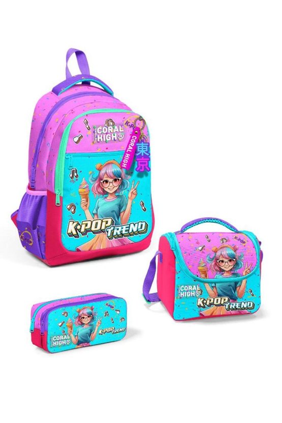 GOSHOPYA Pembe Turkuaz K-Pop Desenli 3’lü Okul Çanta Seti GOSET0114427