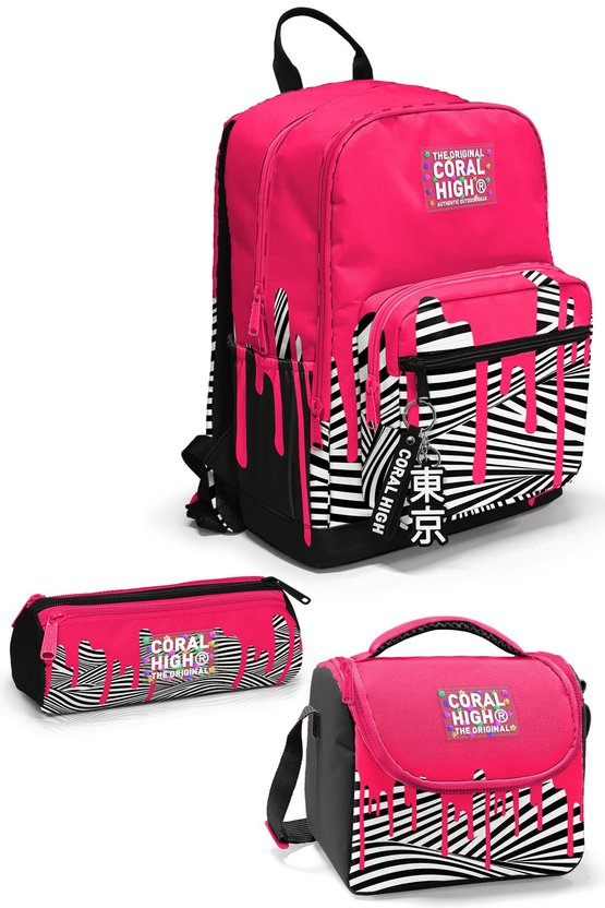 Pembe Siyah Beyaz Desenli 3 lü Okul Çanta Seti SET0123678