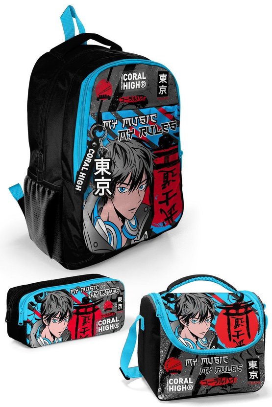 Kids Siyah Mavi Anime Desenli 3’lü Okul Çanta Seti SET0123666