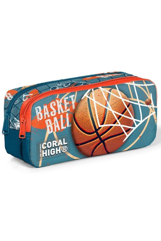 Erkek Çocuk Üç Gözlü İlkokul Çanta Seti - Nefti Turuncu Basketbol Desenli