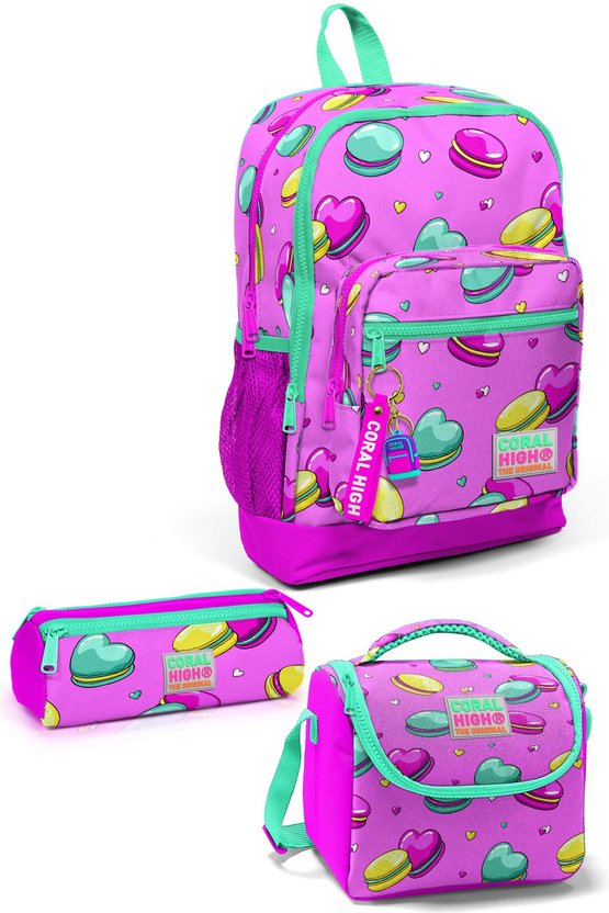 Kids Açık Pembe Su Yeşili Makaron Desenli 3’lü Okul Çanta Seti SET0123462