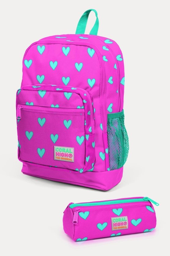 Kids Neon Pembe Su Yeşili Kalp Desenli 2li Okul Çanta Seti SET0223113