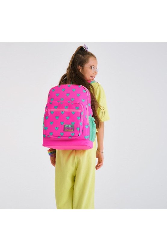 Kids Neon Pembe Su Yeşili Kalp Desenli 2li Okul Çanta Seti SET0223113