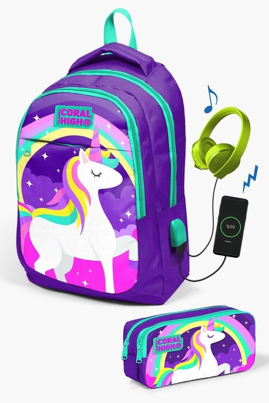 Kids Mor Su Yeşili Unicorn Desenli Usbli 2li Okul Çanta Seti SET0223415